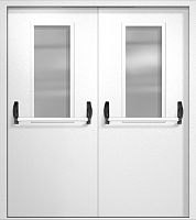 Двупольная противопожарная дверь EI-60 RAL 9016, два узких стекла, две ручки антипаника ДМПО-02-547