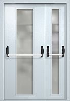 Полуторапольная противопожарная дверь EIW-60 RAL 7035, два длинных узких стекла, две ручки антипаника ДМПО-02-109