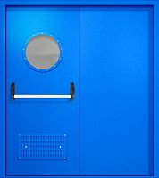 Двупольная техническая дверь RAL 5005, круглое стекло, антипаника, вентиляция ДТО-02-371