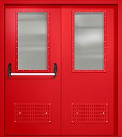 Двупольная техническая дверь RAL 3000, два широких стекла, антипаника, две вентиляции ДТО-02-451