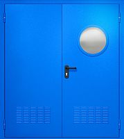 Двупольная техническая дверь RAL 5005, круглое стекло, две вентиляции ДТО-02-375