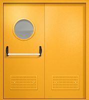 Двупольная техническая дверь RAL 1003, круглое стекло, антипаника, две вентиляции ДТО-02-343