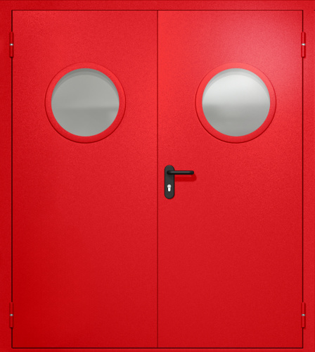 Двупольная противопожарная дверь EI-60 RAL 3000, два круглых стеклопакета ДМПО-02-157
