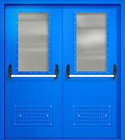 Двупольная техническая дверь RAL 5005, два широких стекла, две ручки антипаника, две вентиляции ДТО-02-476