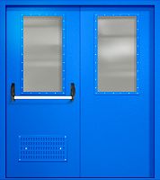 Двупольная техническая дверь RAL 5005, два широких стекла, антипаника, вентиляция ДТО-02-469