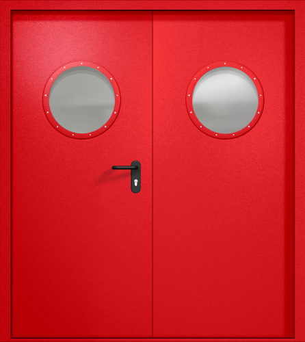 Двупольная противопожарная дверь EI-60 RAL 3000, два круглых стеклопакета ДМПО-02-157 фото 2