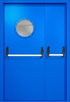 Полуторапольная противопожарная дверь EI-60 RAL 5005, круглое стекло, две ручки антипаника ДМПО-02-246