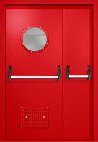 Полуторапольная техническая дверь RAL 3000, круглое стекло, две ручки антипаника, вентиляция ДТО-02-281