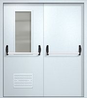 Двупольная техническая дверь RAL 7035, узкое стекло, две ручки антипаника, вентиляция ДТО-02-407