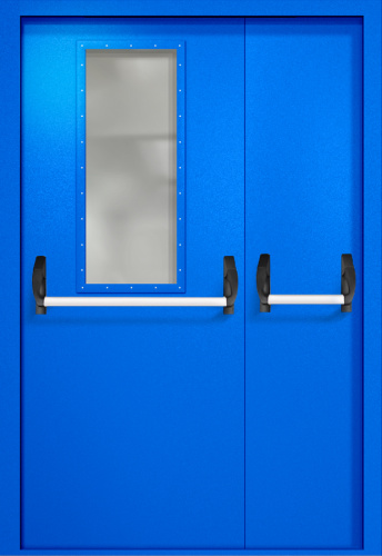 Полуторапольная противопожарная дверь EI-60 RAL 5005, узкое стекло, две ручки антипаника ДМПО-02-89 Полуторапольная противопожарная дверь EI-60 RAL 5005, узкое стекло, две ручки антипаника ДМПО-02-89