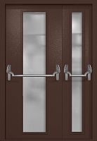 Полуторапольная противопожарная дверь EIW-60 RAL 8017, два длинных узких стекла, две ручки антипаника ДМПО-02-787