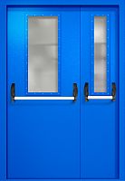 Полуторапольная противопожарная дверь EI-60 RAL 5005, два узких стекла, две ручки антипаника ДМПО-02-91