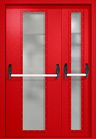 Полуторапольная противопожарная дверь EIW-60 RAL 3000, два длинных узких стекла, две ручки антипаника ДМПО-02-103