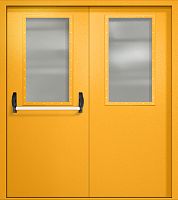 Двупольная противопожарная дверь EI-60 RAL 1003, два широких стекла, антипаника ДМПО-02-198