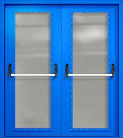 Двупольная противопожарная дверь EIW-60 RAL 5005, два максимальных стекла, две ручки антипаника ДМПО-02-234